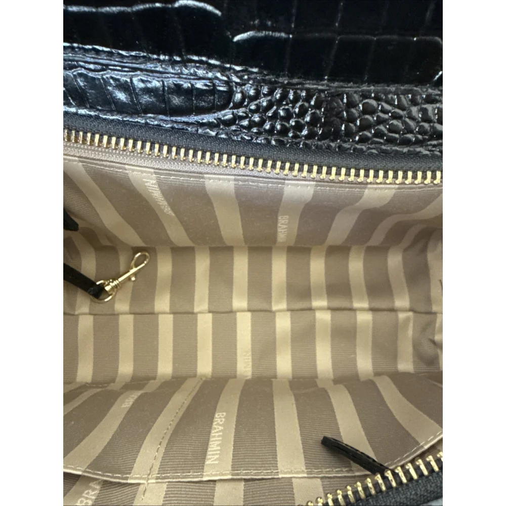 Brahmin Greta Large Creme Black Croc Embossed Leather Satchel